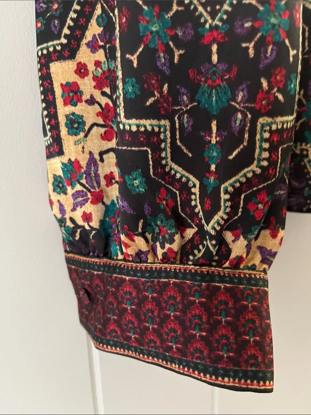 LOFT Black and Cream Geometric Floral Long-Sleeve Blouse